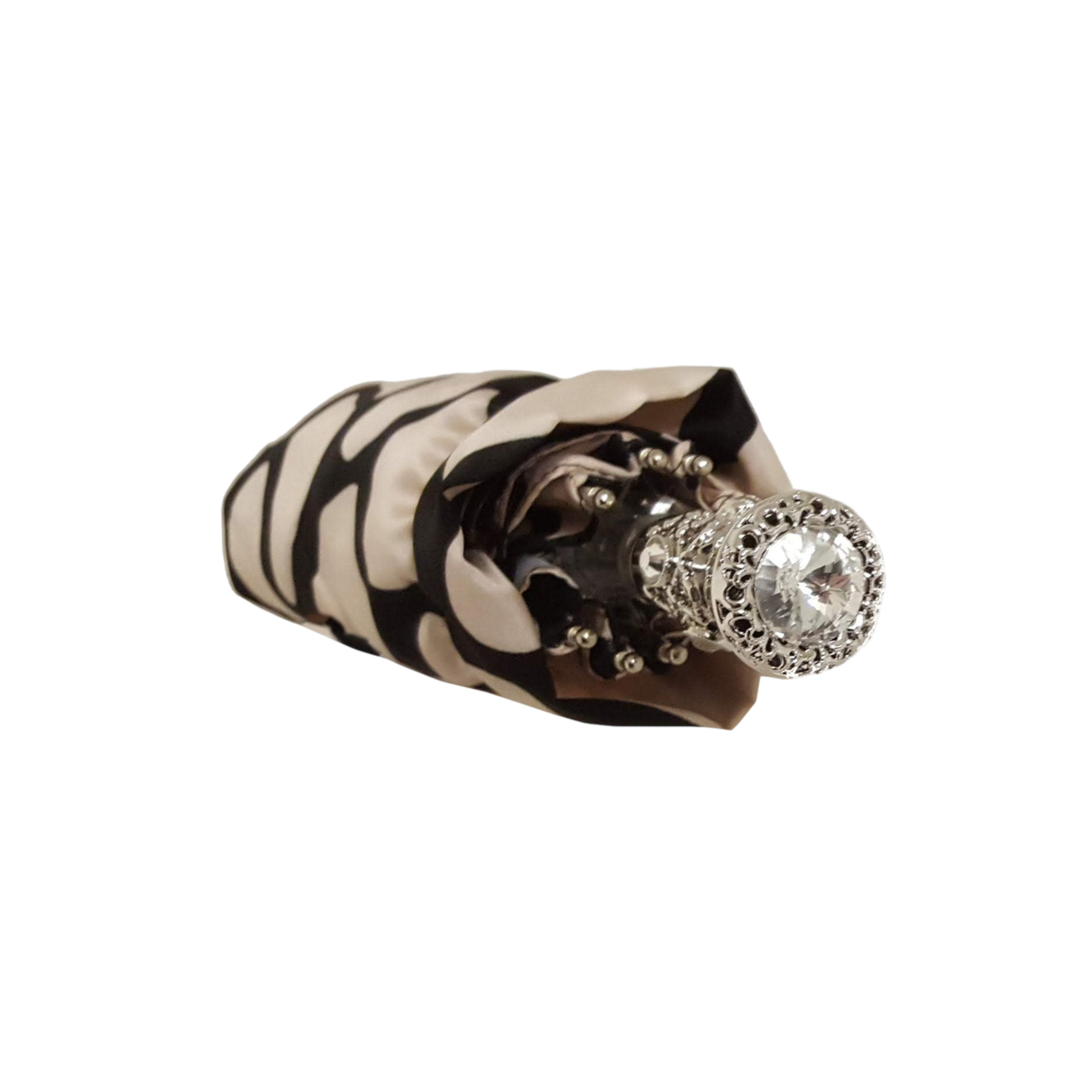 Ilmarchesato designer lightweight black and cream folding umbrella open, showcasing stylish pattern and compact design for women.