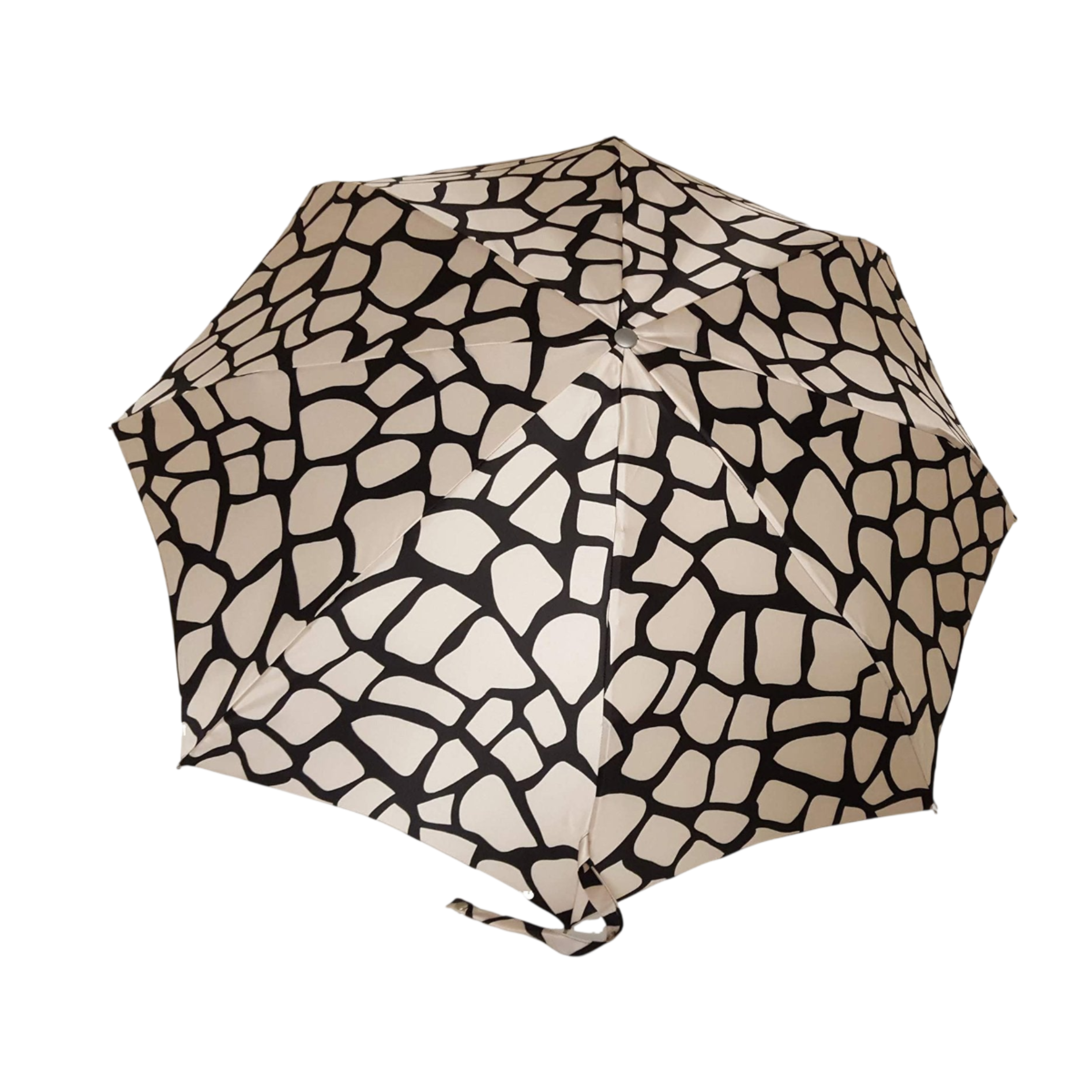 Ilmarchesato designer lightweight black and cream folding umbrella open, showcasing elegant pattern and compact design for women.