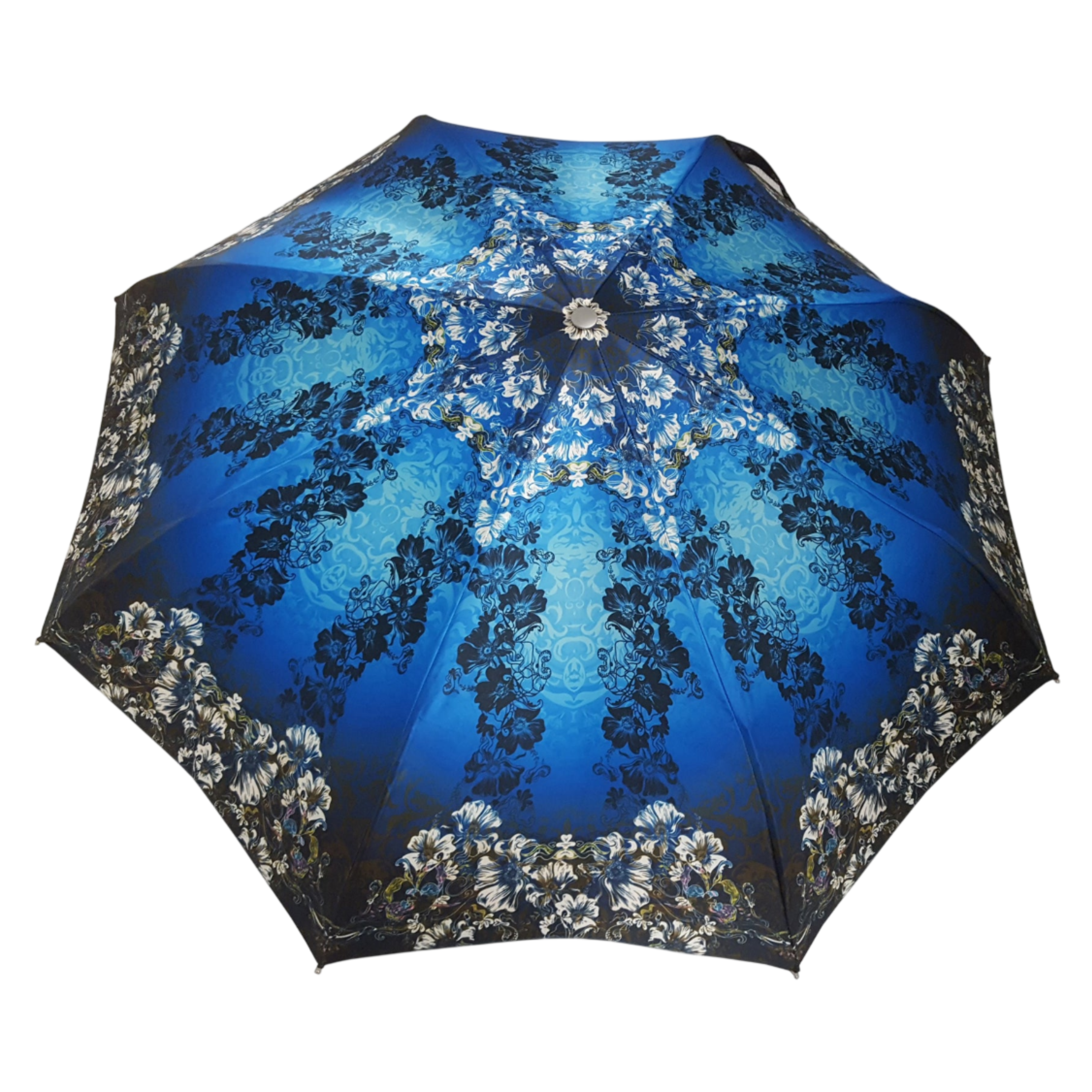 Blue floral Ilmarchesato folding umbrella with 24K gold handle, featuring a compact design and vibrant floral pattern.