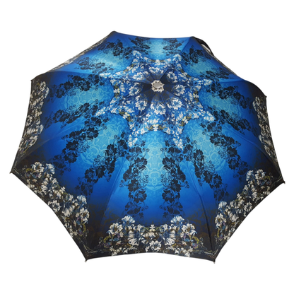Blue floral Ilmarchesato folding umbrella with 24K gold handle, featuring a compact design and vibrant floral pattern.