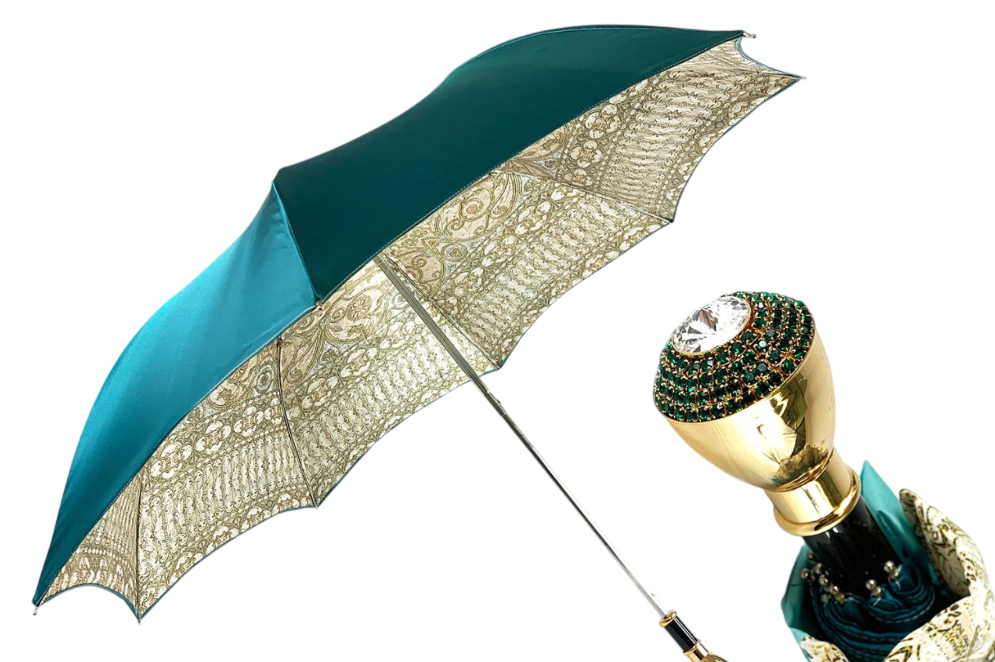 Folding turquoise women's umbrella with Baroque design and 24K gold-plated Mylord handle by Ilmarchesato