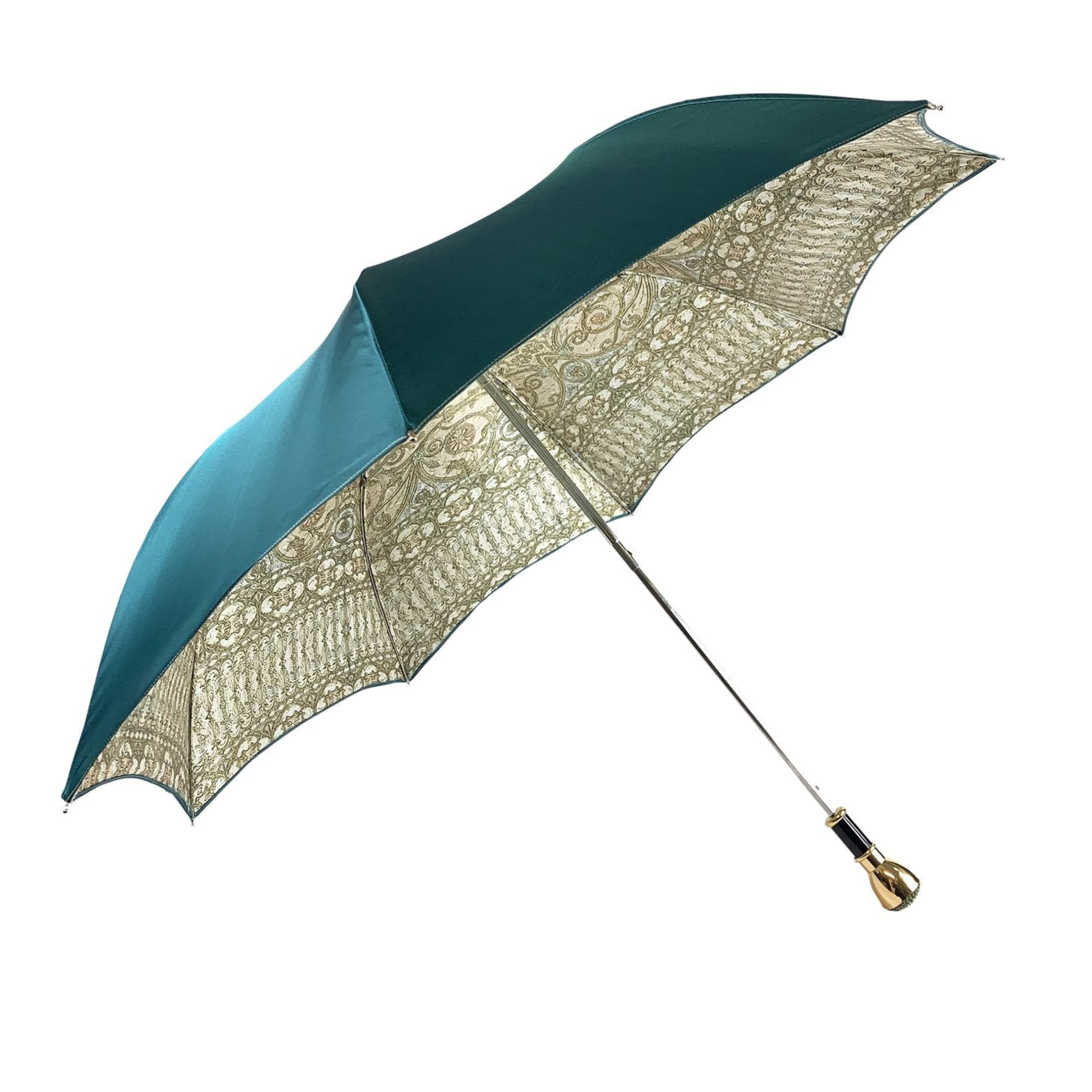 Folding Baroque turquoise women's umbrella with 24K gold-plated Mylord handle by Ilmarchesato, featuring intricate design details.