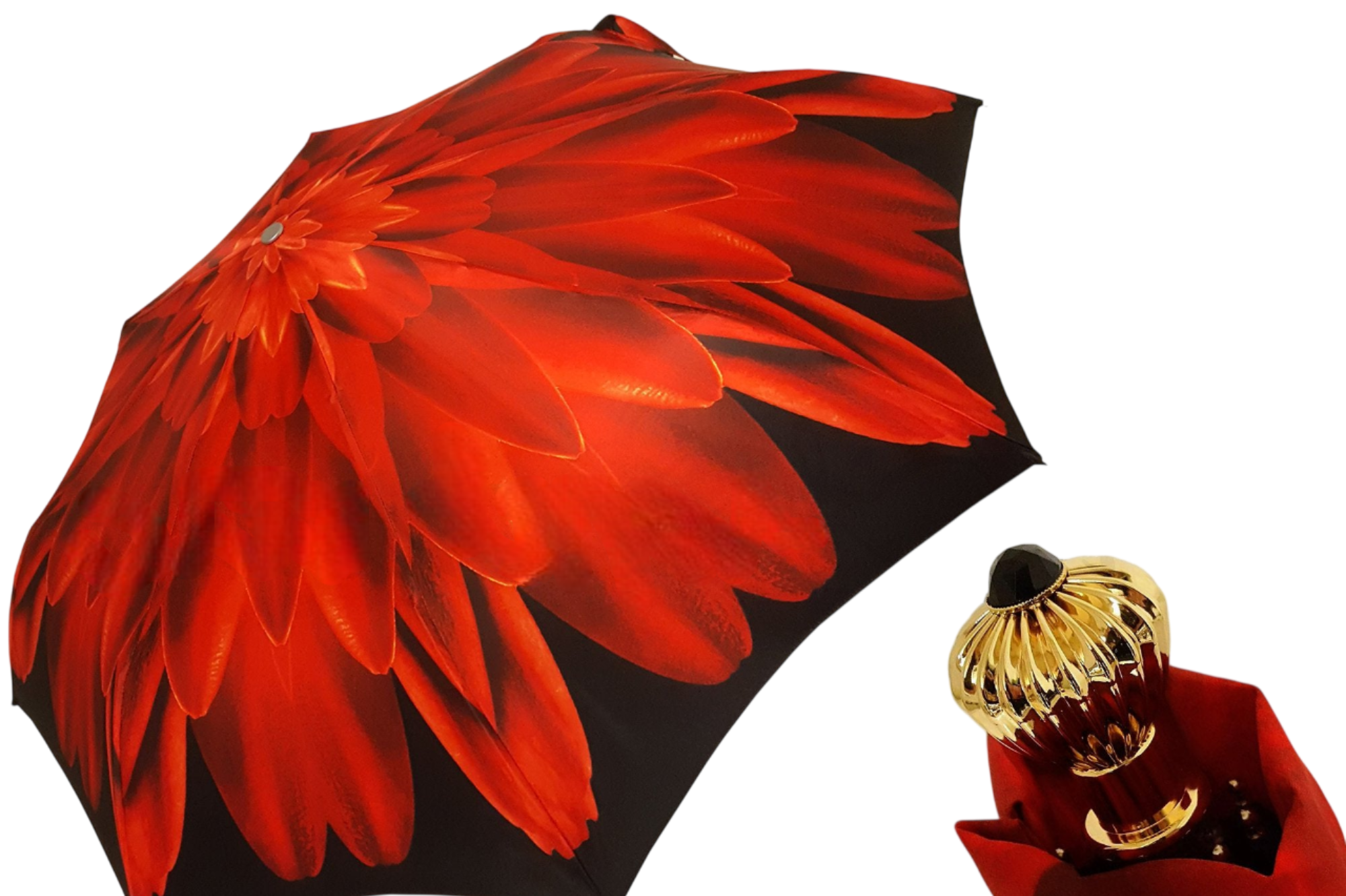 Red Dahlia women's folding umbrella by Ilmarchesato with a 24K jeweled handle, compact and stylish for rainy days.