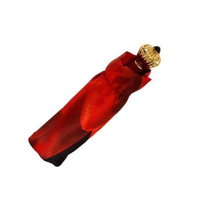 Red Dahlia folding umbrella for women by Ilmarchesato with a 24K jeweled handle, stylish and compact for rainy days.
