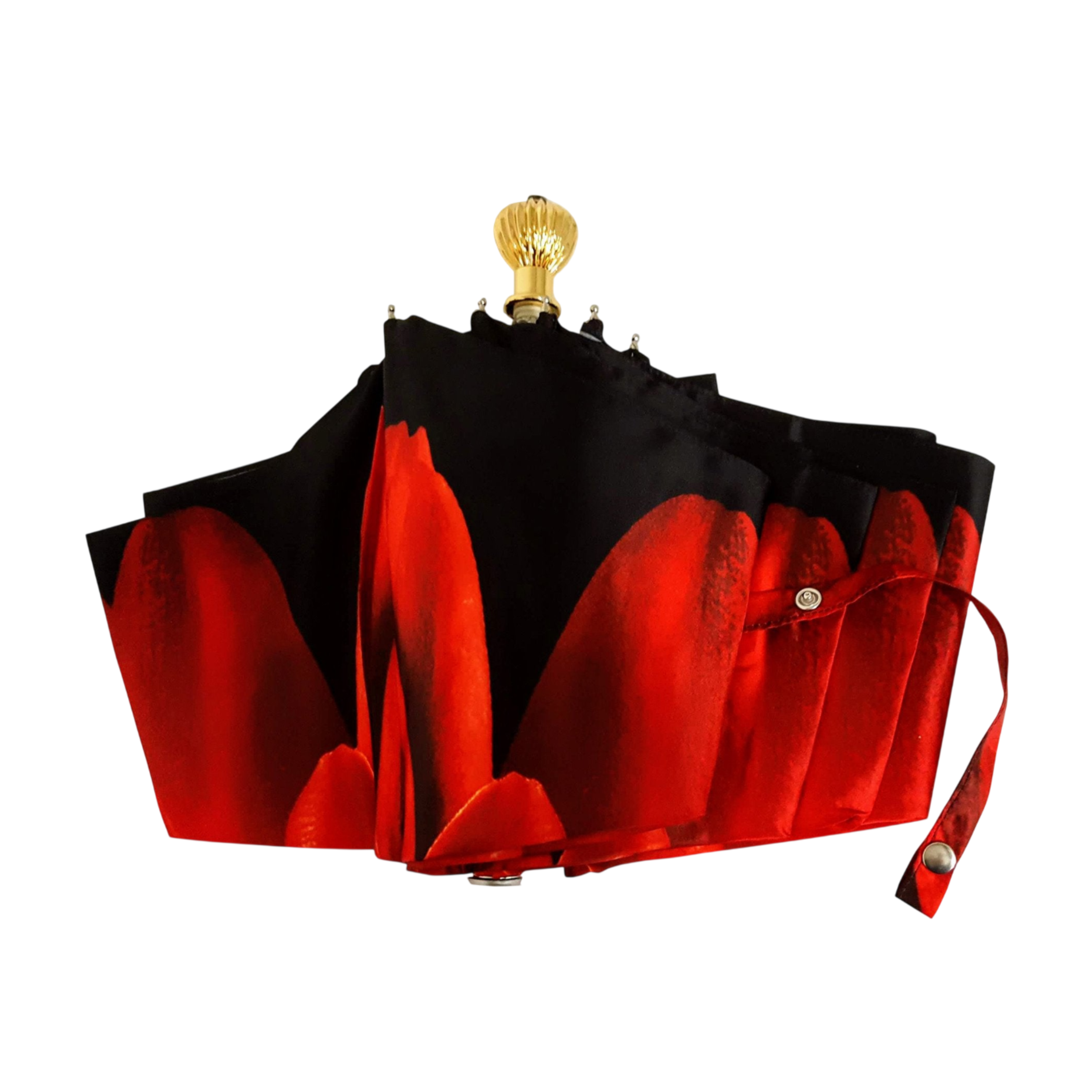Red Dahlia folding umbrella for women by Ilmarchesato with a 24K jeweled handle, featuring a stylish floral design.
