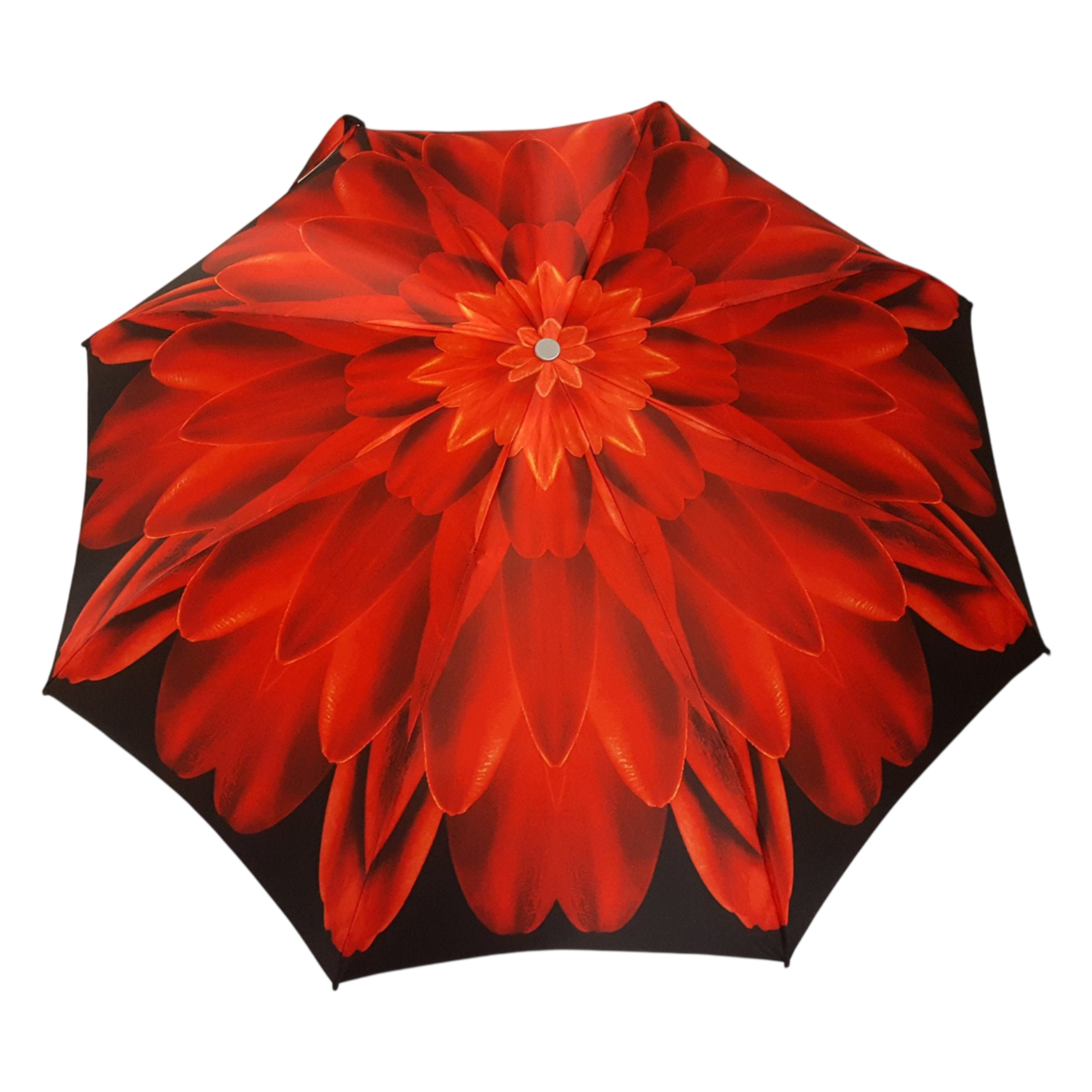 Red Dahlia folding umbrella by Ilmarchesato with a 24K jeweled handle, featuring a chic floral design and compact foldable frame.