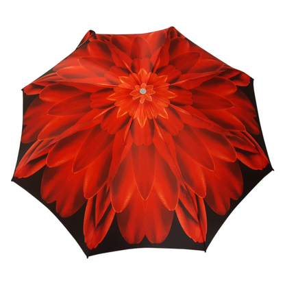Red Dahlia folding umbrella by Ilmarchesato with a 24K jeweled handle, featuring a chic floral design and compact foldable frame.