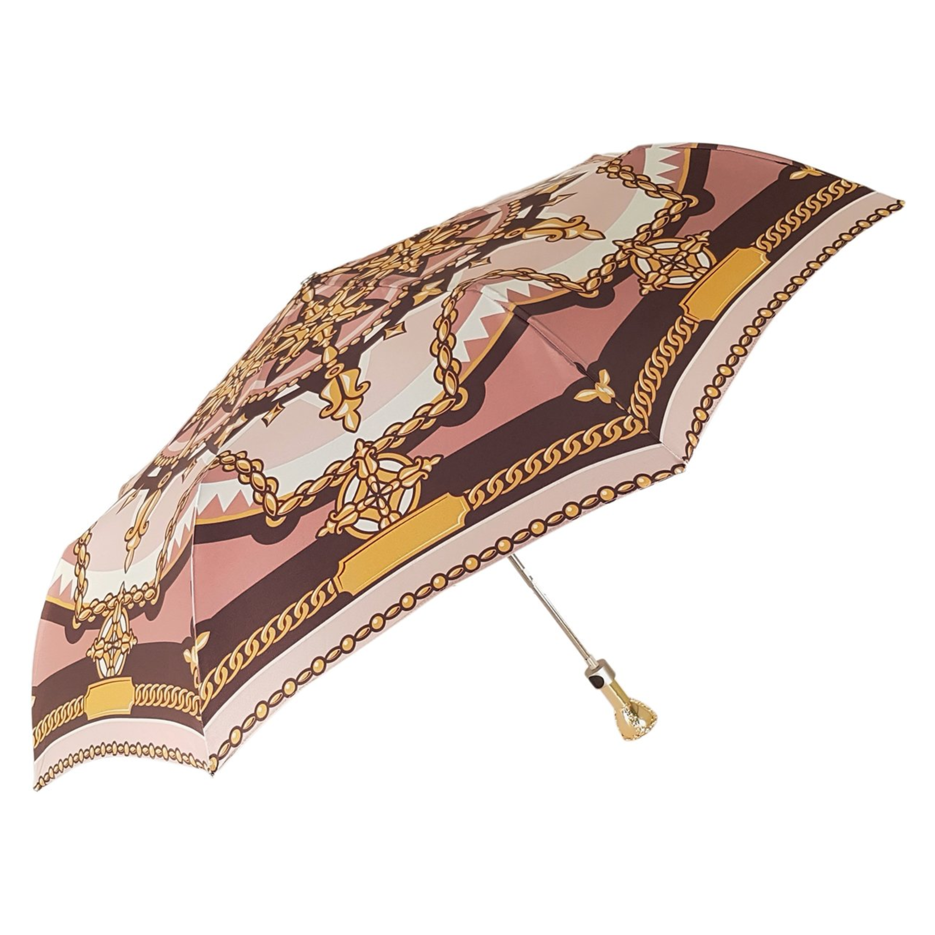 Ilmarchesato chain print women's folding umbrella with 24K jeweled handle, compact and stylish for rainy days.