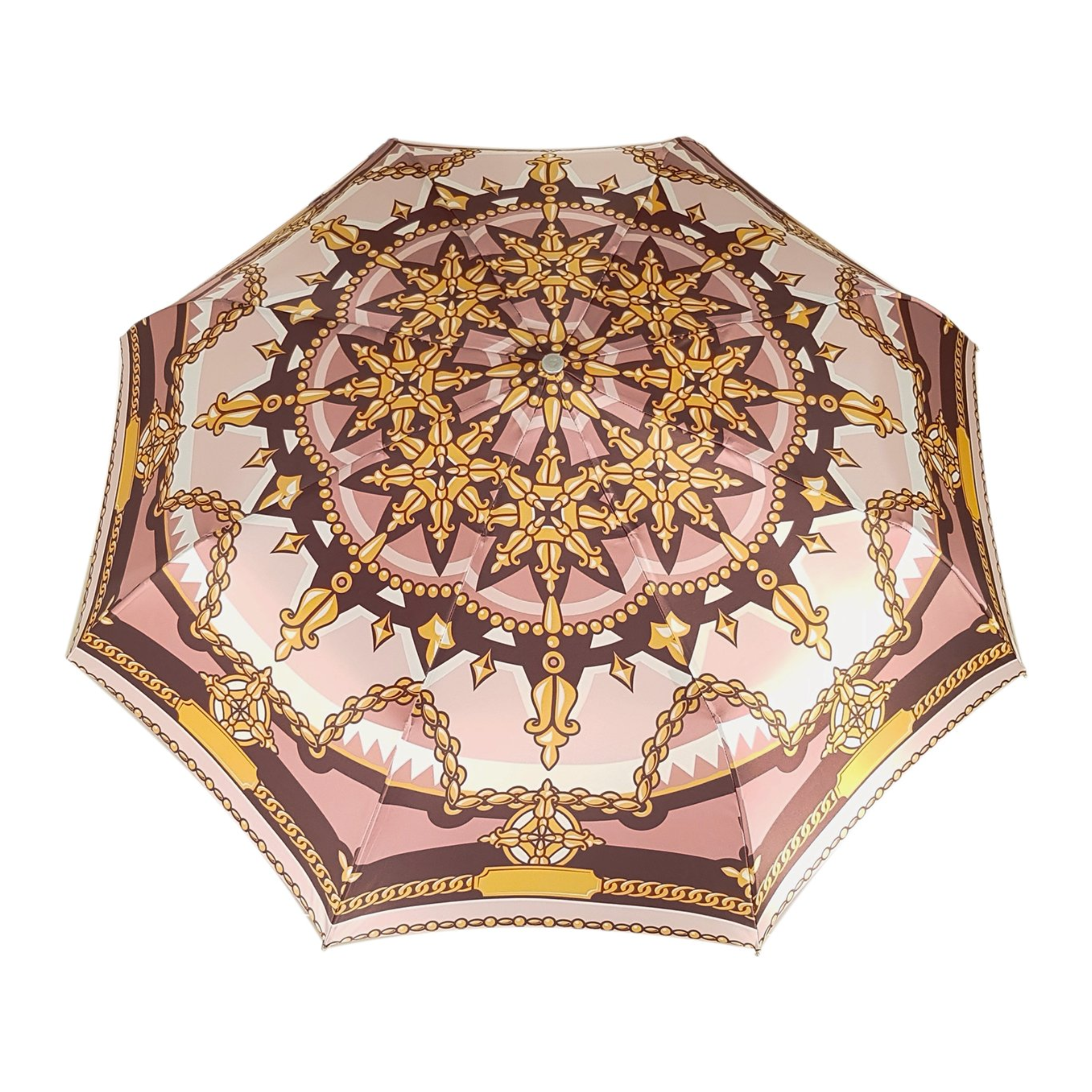 Chain print women's folding umbrella by Ilmarchesato with a 24K jeweled handle, compact design and patterned canopy.