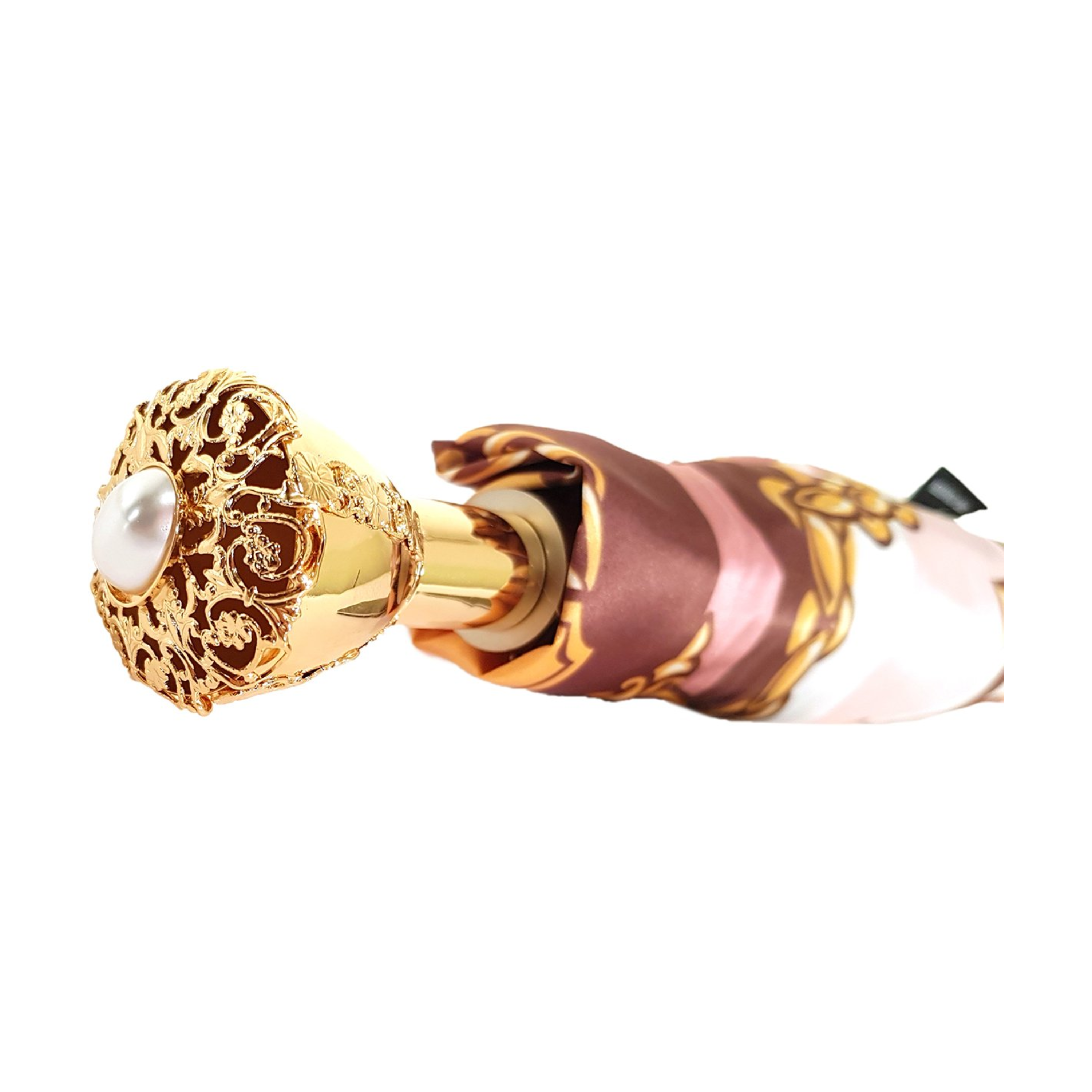 Chain print women's folding umbrella with 24K jeweled handle and compact design, stylish and functional for rainy days.