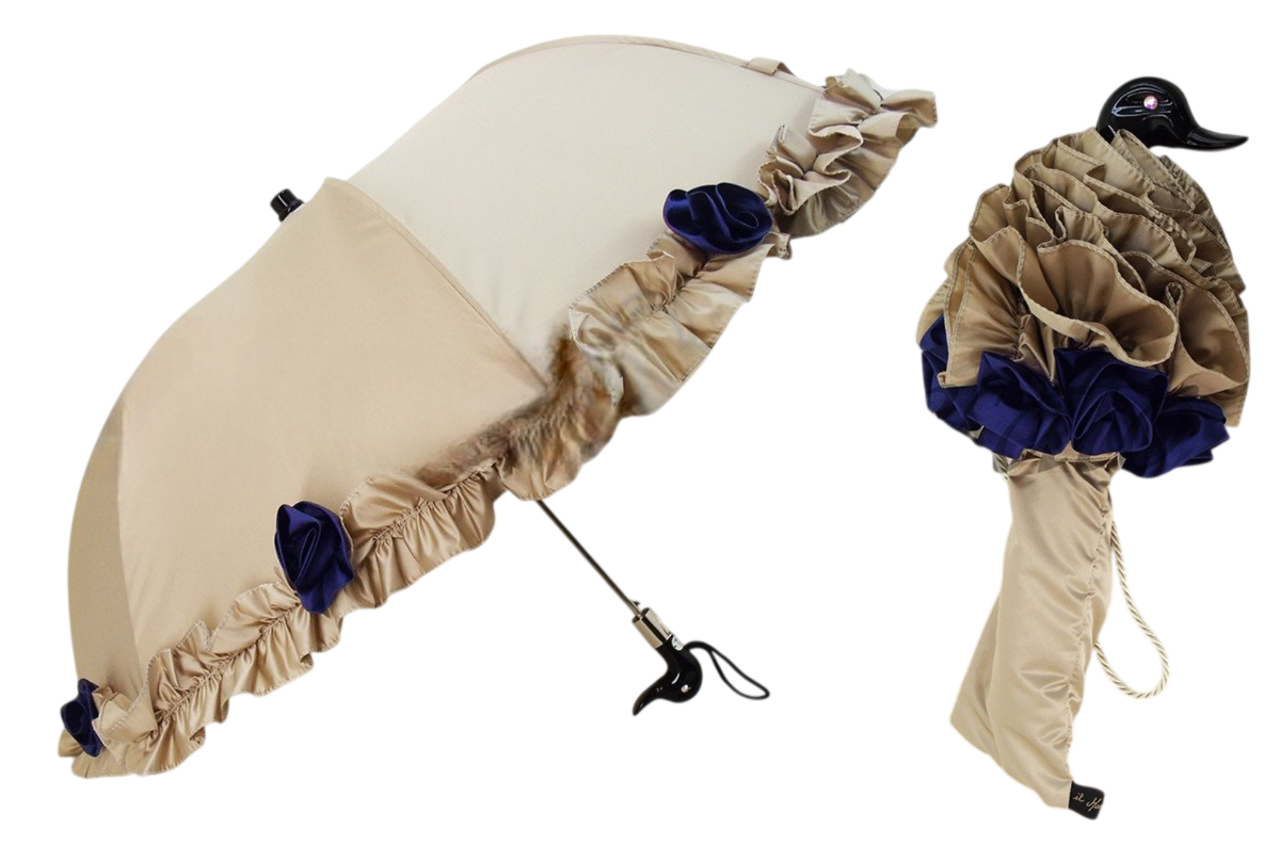 Frilly Cream Women’s Folding Umbrella Parasol with Blue Roses
