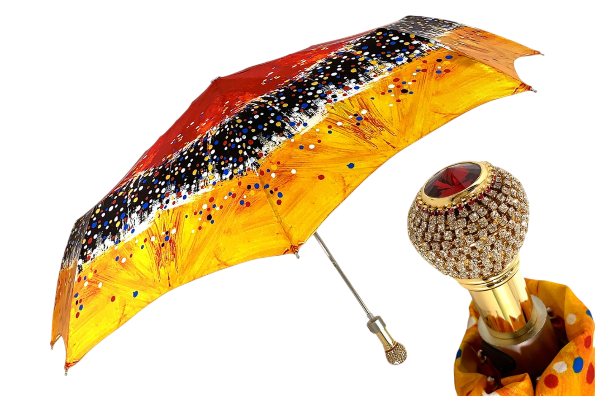 Red and Orange Women’s Folding Umbrella with 24K Gold-Plated Handle