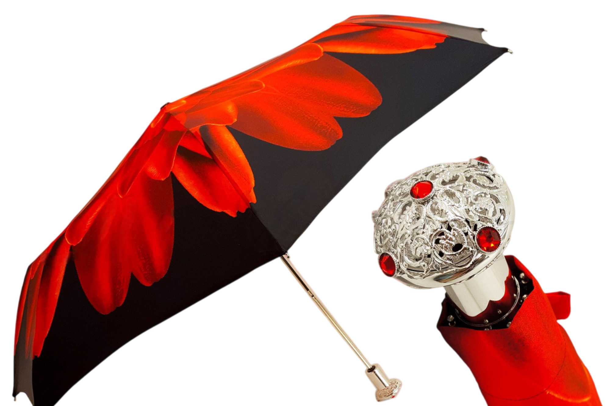 Red floral folding umbrella with silver-plated handle for women, featuring a compact design and elegant pattern.