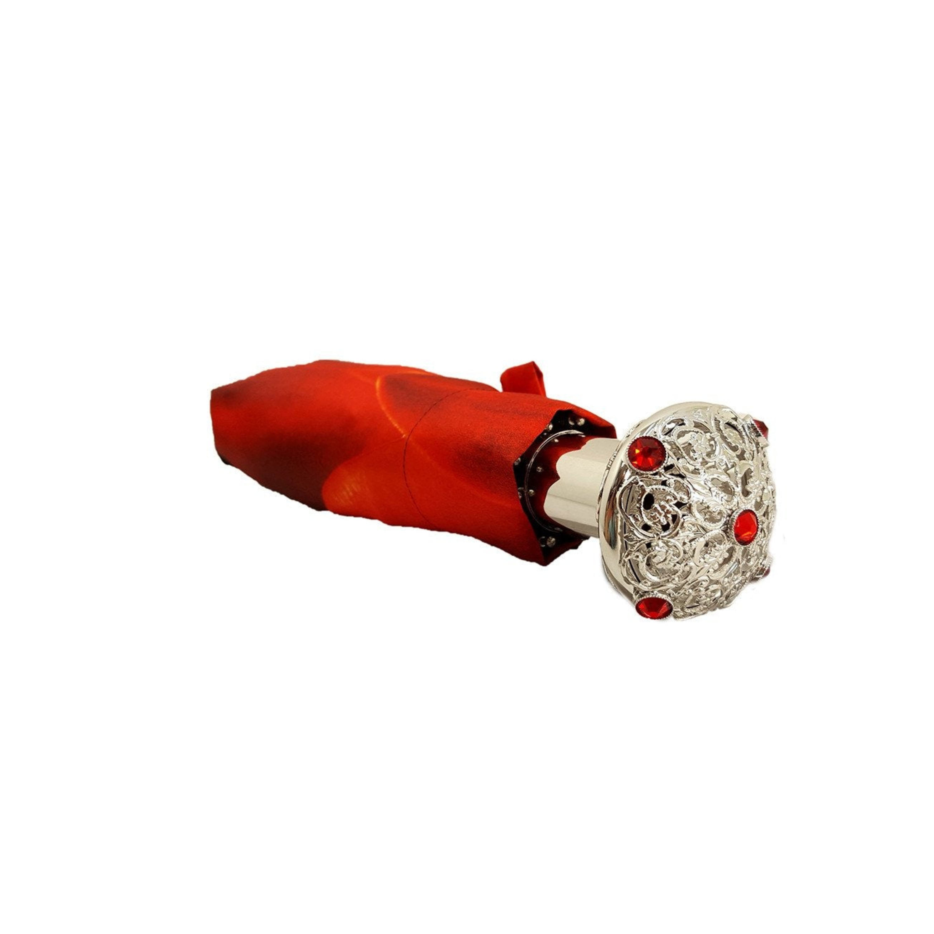 Red floral folding umbrella with silver-plated handle, designed for women, by Ilmarchesato.