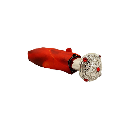 Red floral folding umbrella with silver-plated handle, designed for women, by Ilmarchesato.