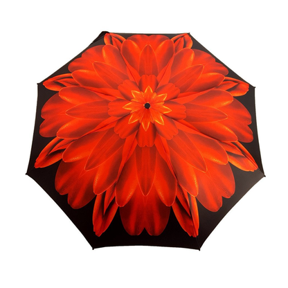 Red flower-patterned folding umbrella for women with silver-plated handle, stylish and compact rain protection from Ilmarchesato.