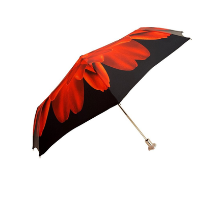 Red floral folding umbrella for women with silver-plated handle, stylish and compact, by Ilmarchesato.