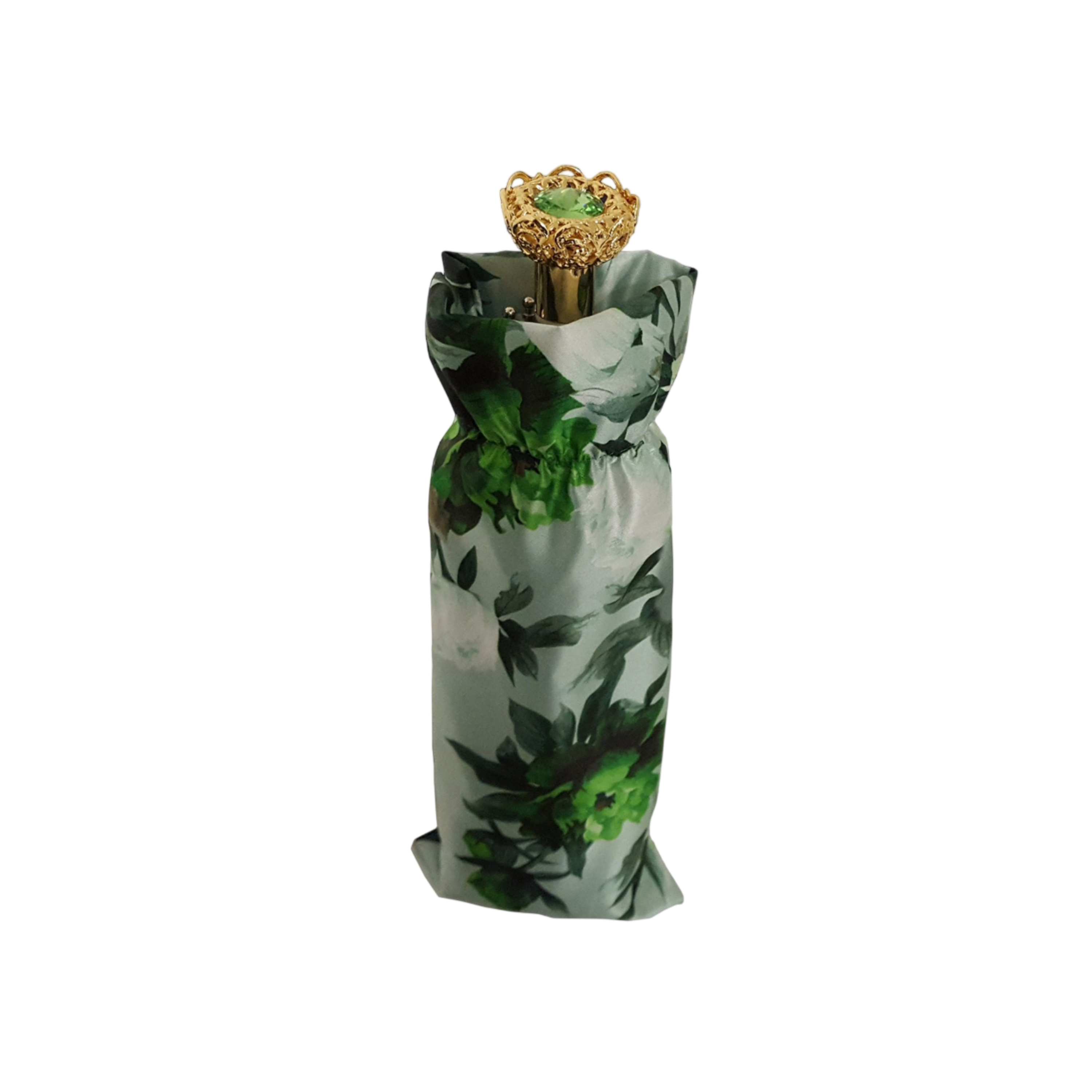 Green Floral Women’s Folding Umbrella with 24K Jeweled Handle