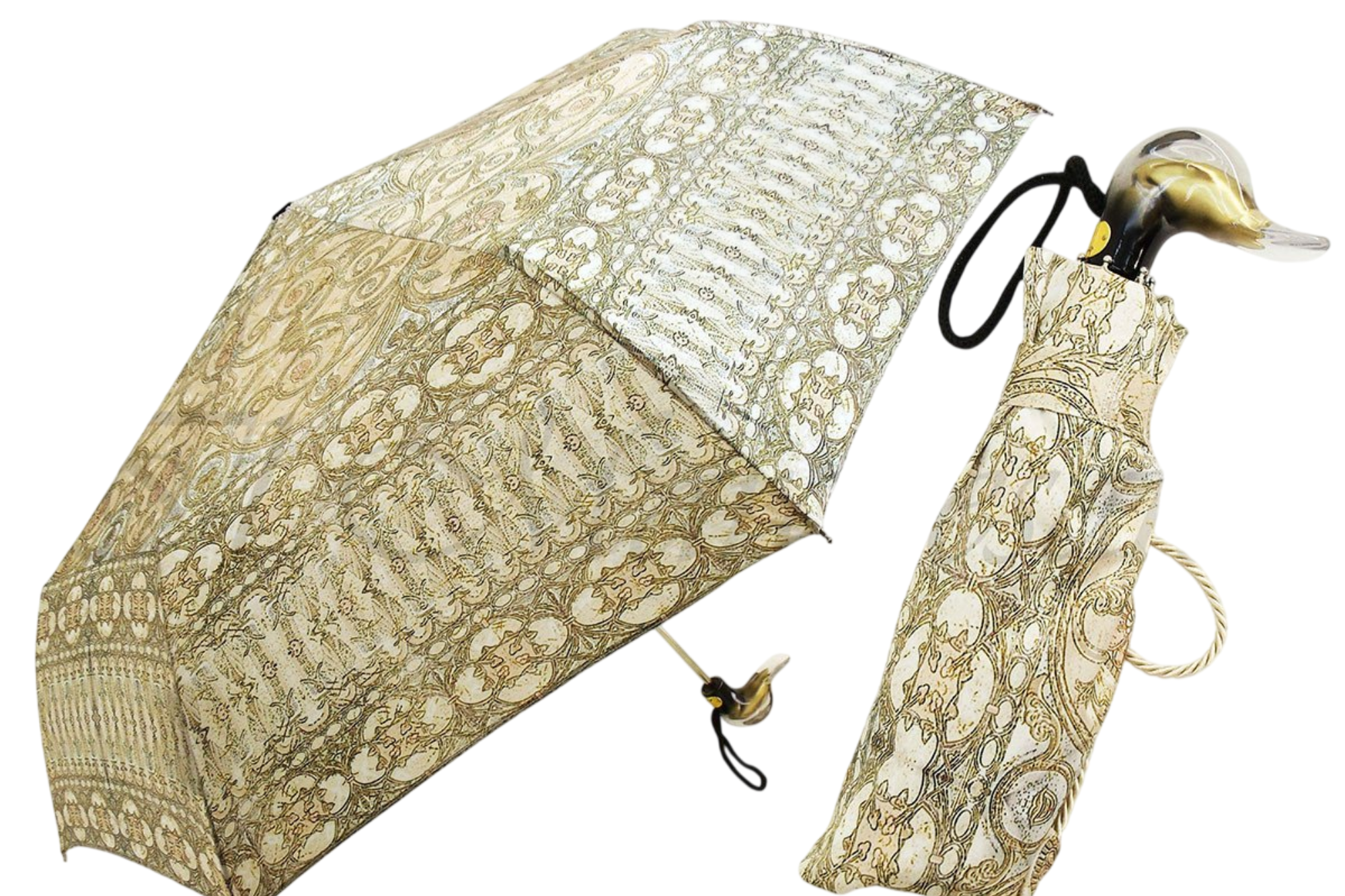 Ilmarchesato folding umbrella with Baroque design and transparent duck handle, featuring a stylish, compact rain protection.