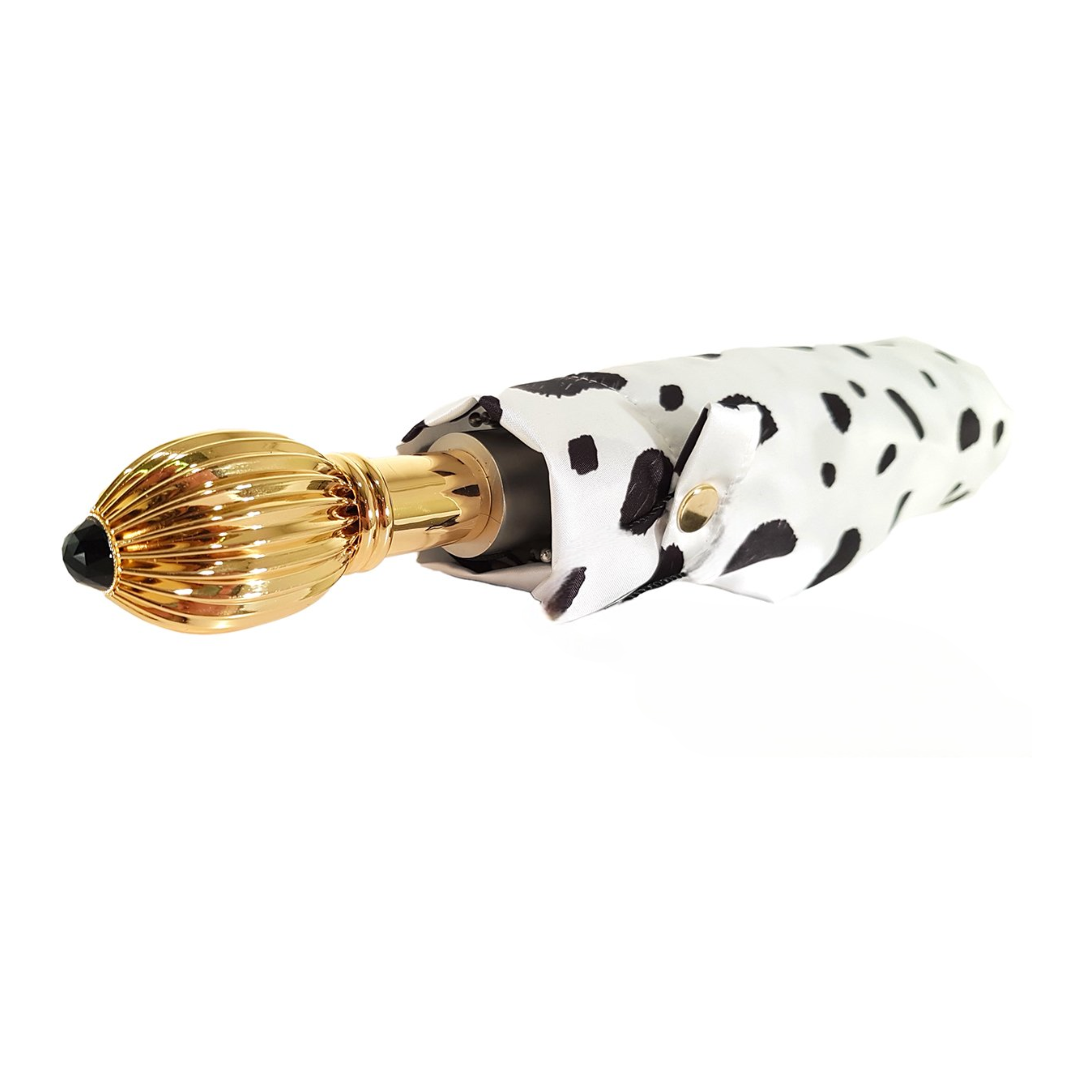 Black and white spotted folding umbrella with jeweled handle by Ilmarchesato, designed for women.