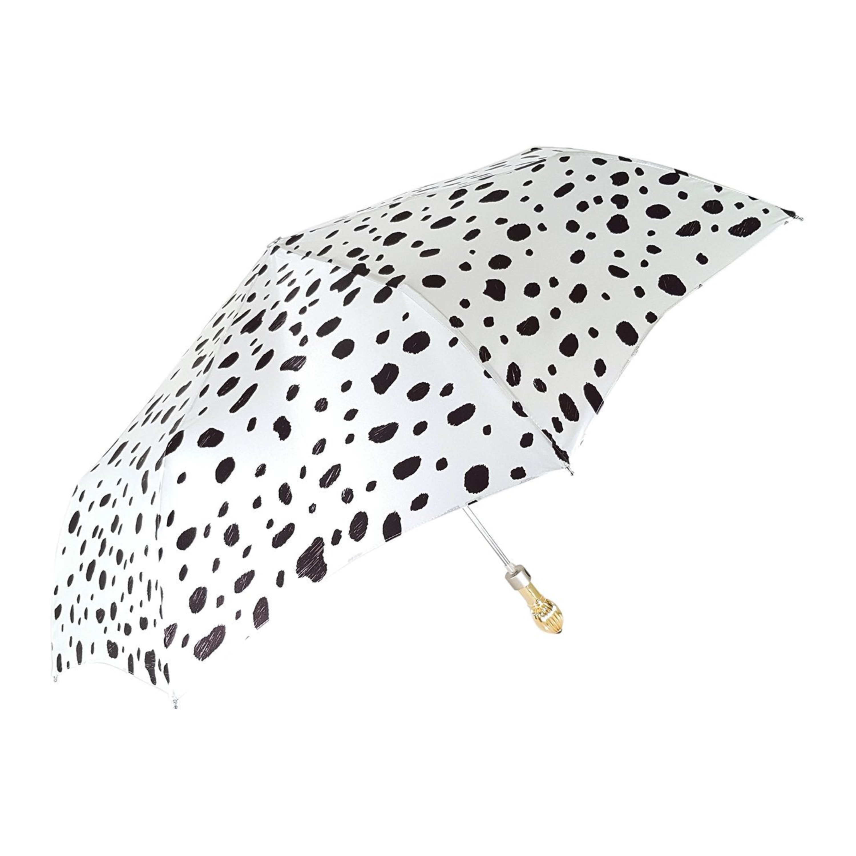Black and white spotted Ilmarchesato folding umbrella with 24K jeweled handle, compact design, perfect for women’s rain protection.