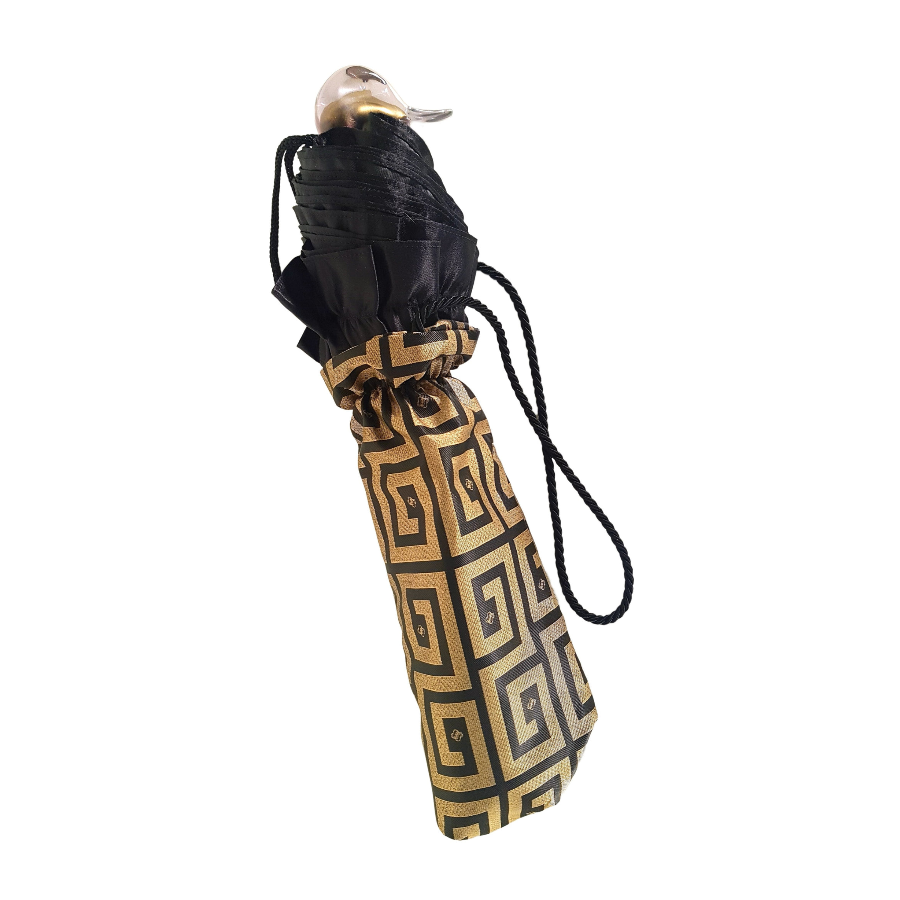 Automatic women’s folding umbrella with black ruffle and Greek design by Ilmarchesato, showing the stylish patterned canopy.