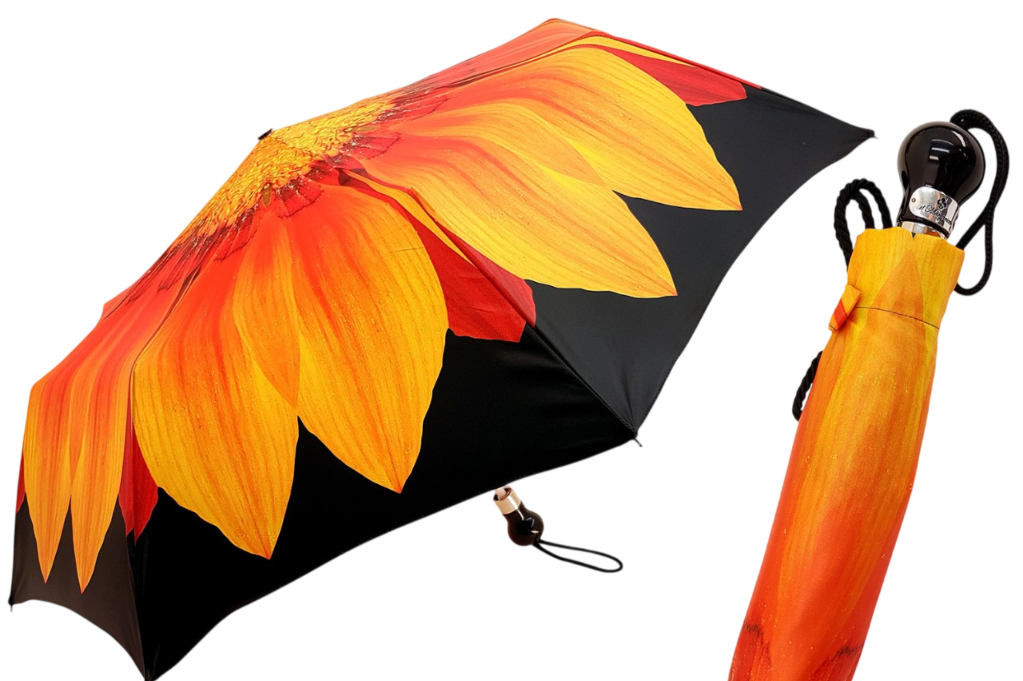 Orange Flower Women’s Folding Umbrella with Black Handle