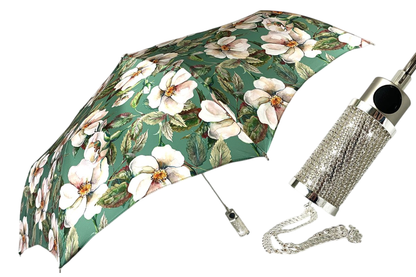 Exclusive Floral Women’s Silver-Plated Jeweled Handle Folding Umbrella