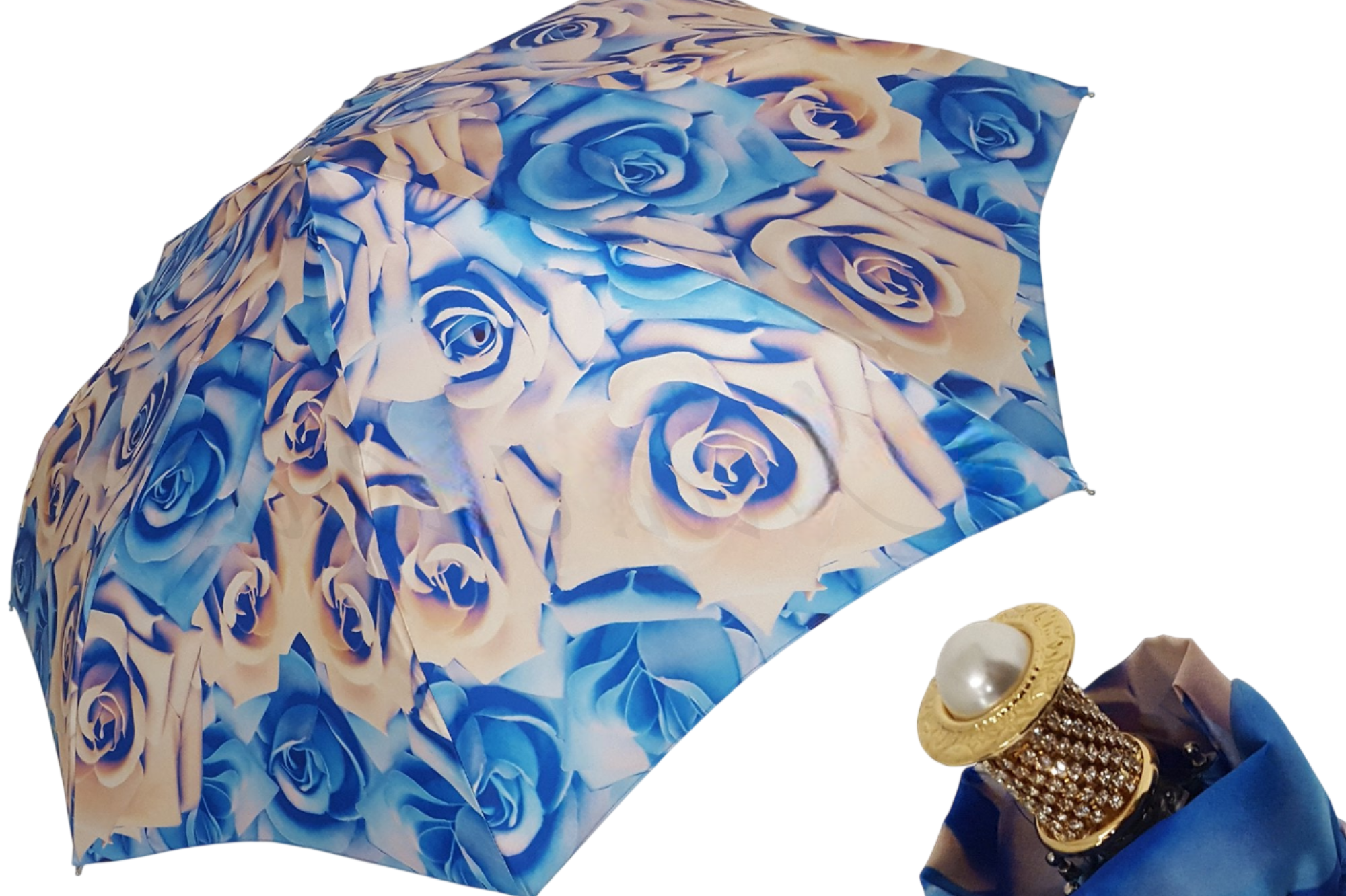 Elegant Rose Women’s Folding Umbrella with 24K Jeweled Handle