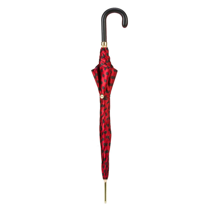 Automatic Leather Umbrella – Red & Black Polka Dot, Handmade Italian Rain Shield