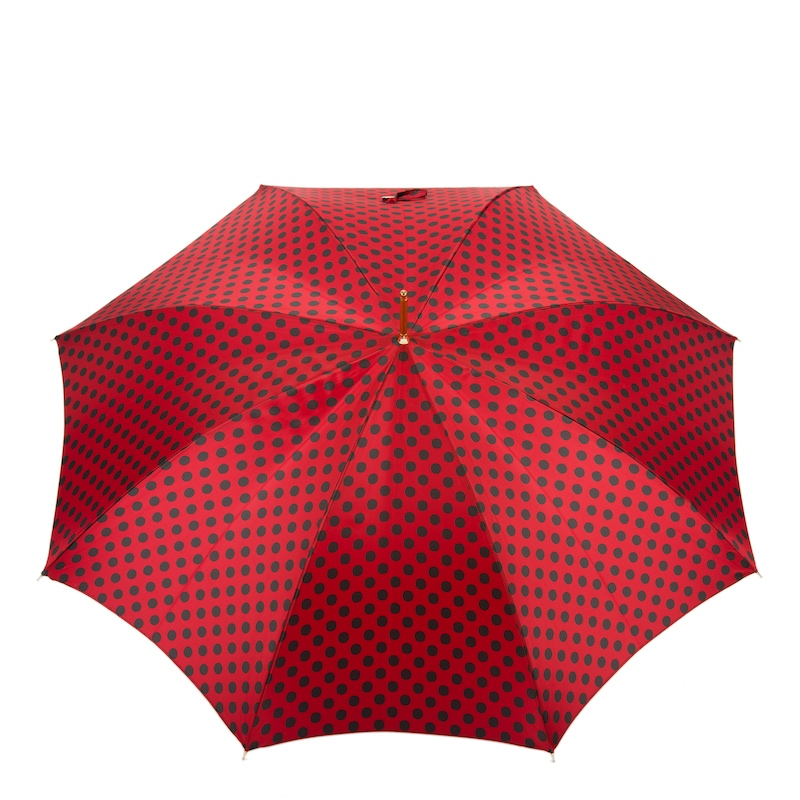 Automatic Leather Umbrella – Red & Black Polka Dot, Handmade Italian Rain Shield
