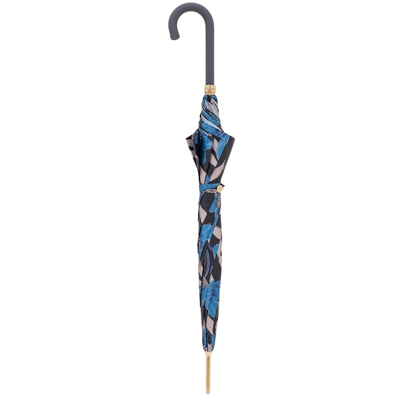 Automatic Umbrella – Blue Flower Umbrella with Leather Handle, Italian Handmade Rain Gear