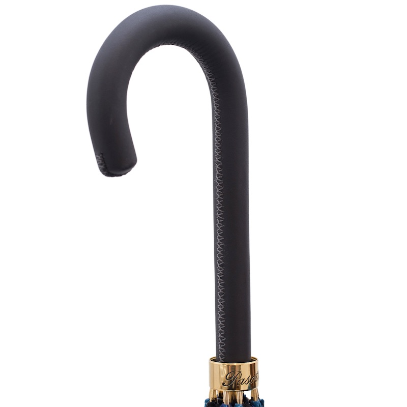 Automatic Umbrella – Blue Flower Umbrella with Leather Handle, Italian Handmade Rain Gear