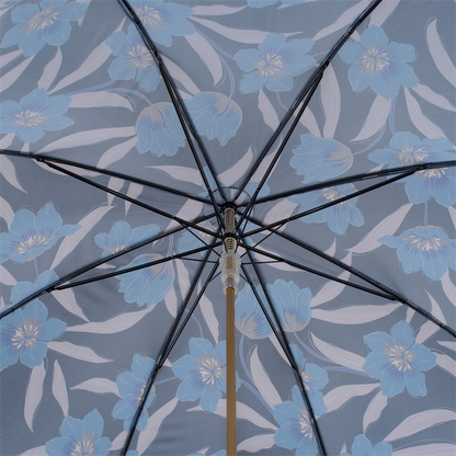 Automatic Umbrella – Blue Flower Umbrella with Leather Handle, Italian Handmade Rain Gear