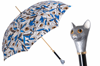Grey Cat Umbrella – Handmade Italian Rain Umbrella with Enameled Brass Handle