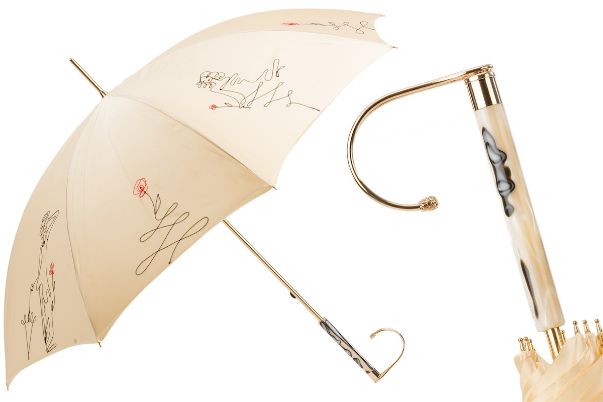 Ivory Sketch Umbrella – Handmade Italian Rain Umbrella With Jeweled Handle