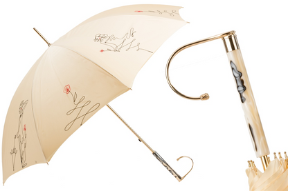 Ivory Sketch Umbrella – Handmade Italian Rain Umbrella With Jeweled Handle