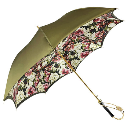 Khaki satin luxury umbrella by Ilmarchesato featuring a crystal medallion handle, elegantly displayed open.