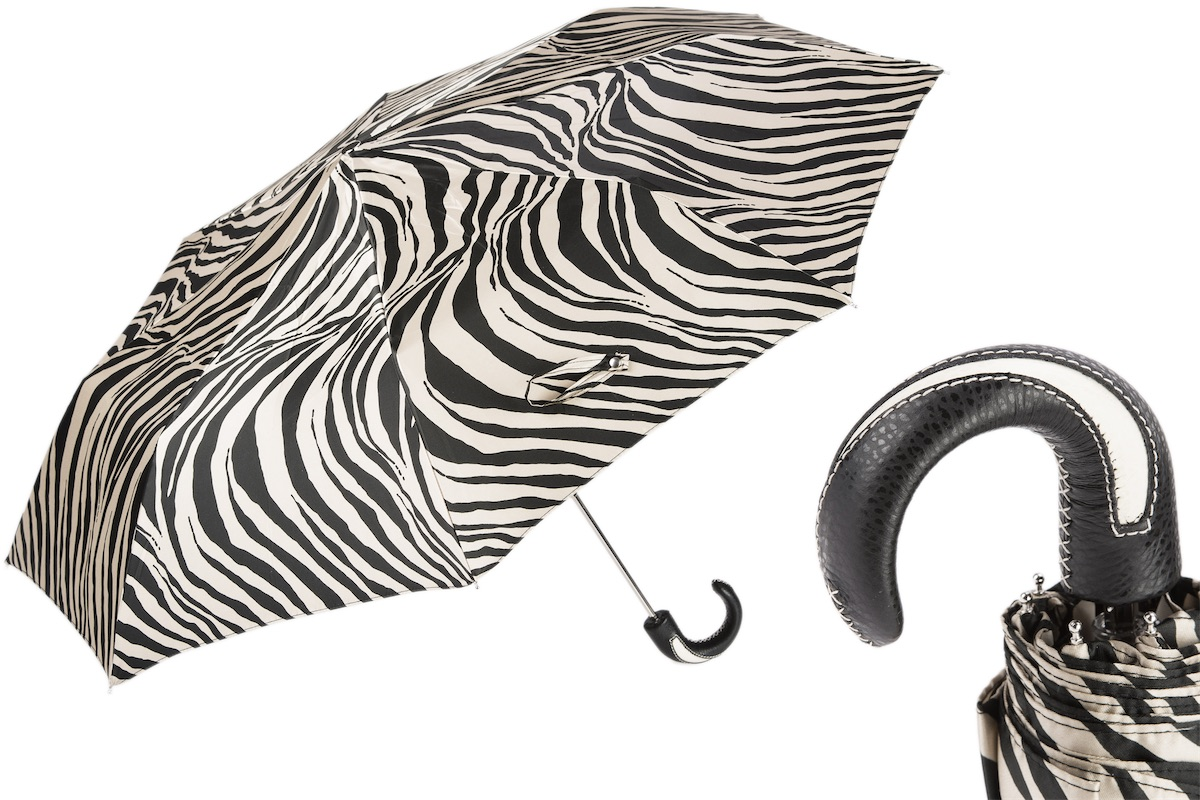 Folding Zebra Umbrella – Handmade Italian Leather Handle, Compact Travel Rain Protection
