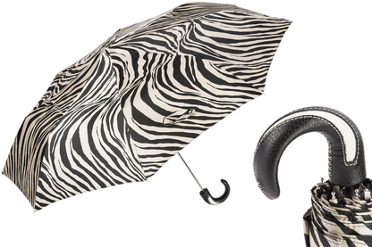 Folding Zebra Umbrella – Handmade Italian Leather Handle, Compact Travel Rain Protection