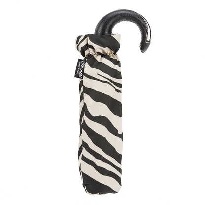 Folding Zebra Umbrella – Handmade Italian Leather Handle, Compact Travel Rain Protection