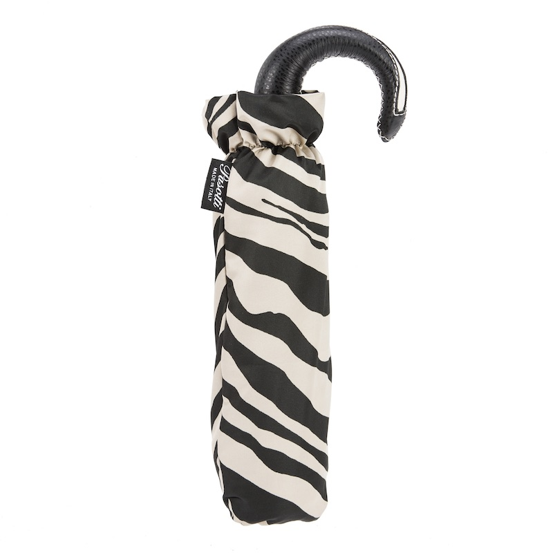 Folding Zebra Umbrella – Handmade Italian Leather Handle, Compact Travel Rain Protection