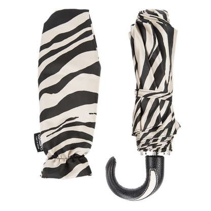 Folding Zebra Umbrella – Handmade Italian Leather Handle, Compact Travel Rain Protection