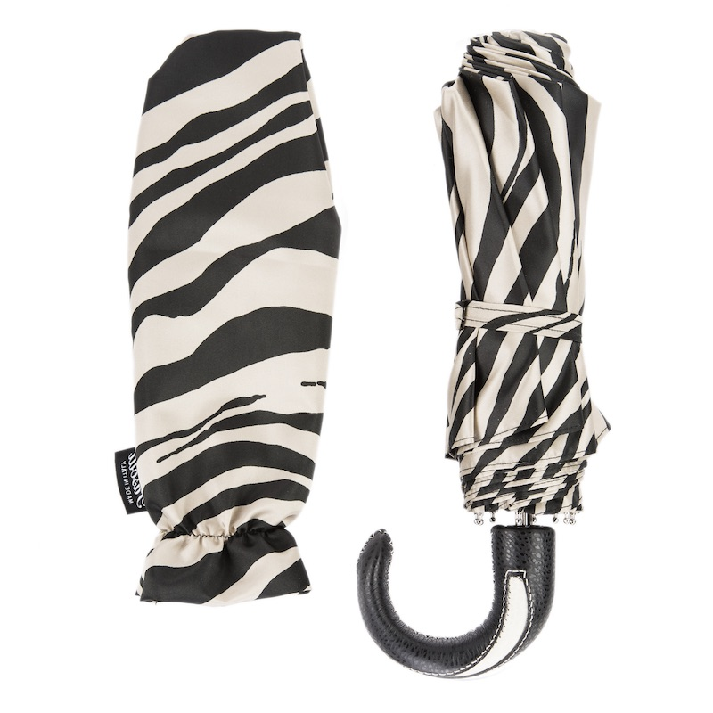 Folding Zebra Umbrella – Handmade Italian Leather Handle, Compact Travel Rain Protection