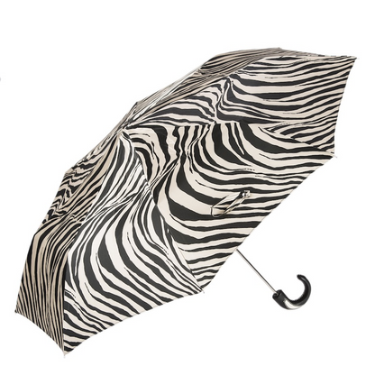 Folding Zebra Umbrella – Handmade Italian Leather Handle, Compact Travel Rain Protection