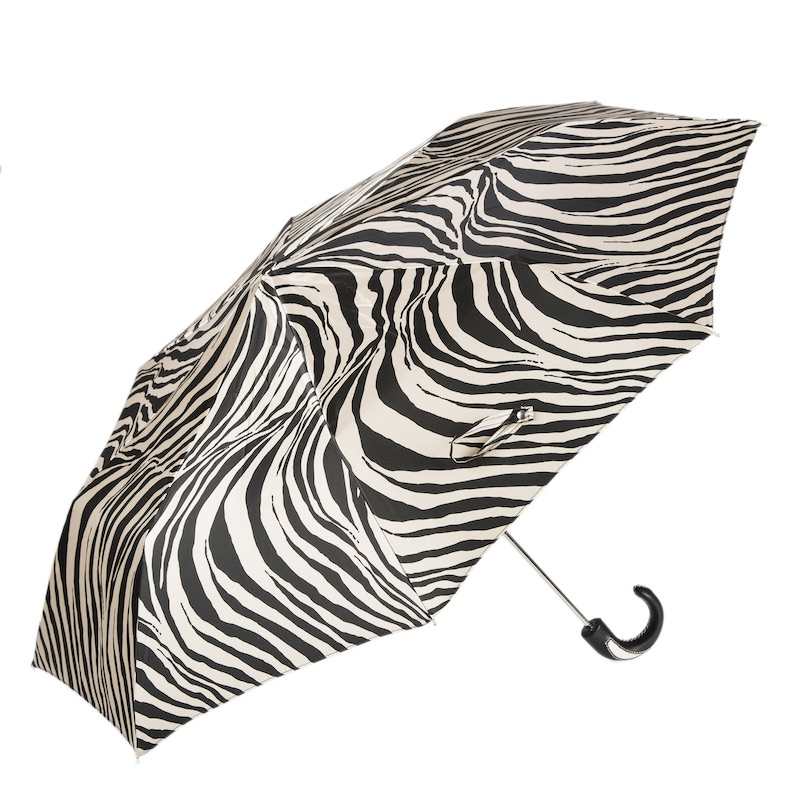 Folding Zebra Umbrella – Handmade Italian Leather Handle, Compact Travel Rain Protection