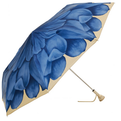 Luxury Folding Umbrella – Blue Floral Pattern | Handmade Italian Brass Handle