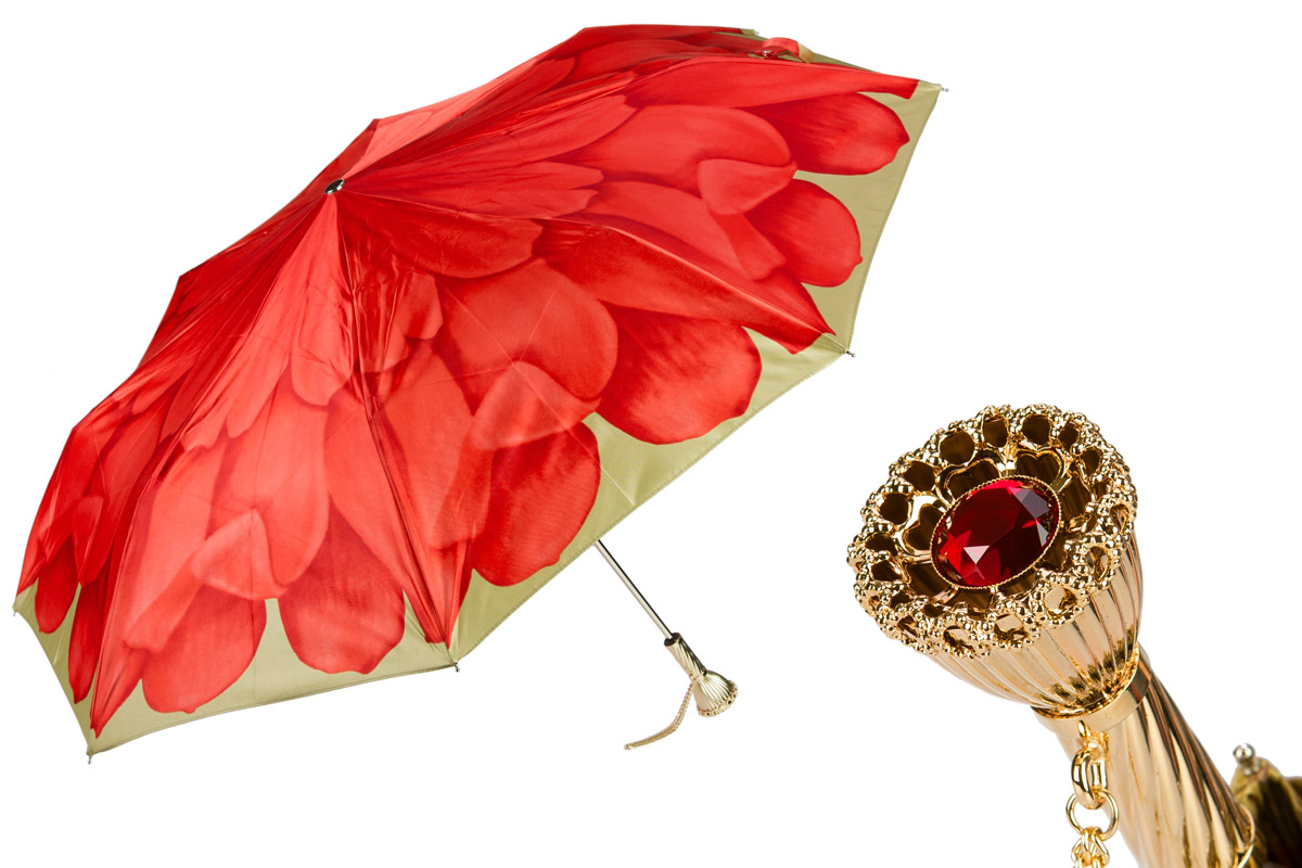 Luxury Folding Umbrella – Red Dahlia Designer Rain Umbrella With Brass Handle