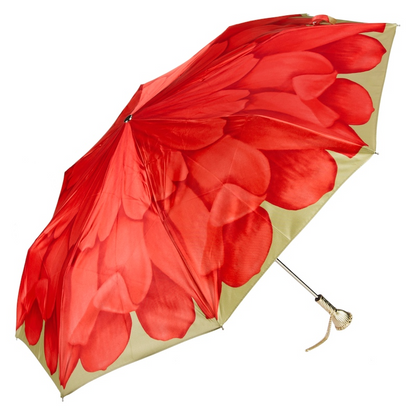 Luxury Folding Umbrella – Red Dahlia Designer Rain Umbrella With Brass Handle