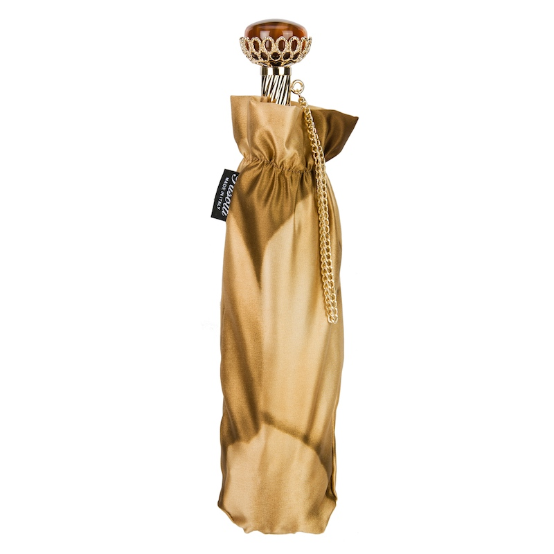 Beige Folding Umbrella – Handmade Italian Folding Rain Umbrella with Jeweled Brass Handle